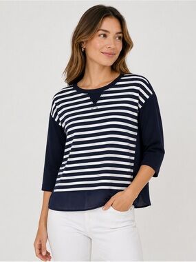 Ann Taylor LOFT Women’s XS Cotton Sheer Back Navy Striped 3/4 Sleeve Blouse